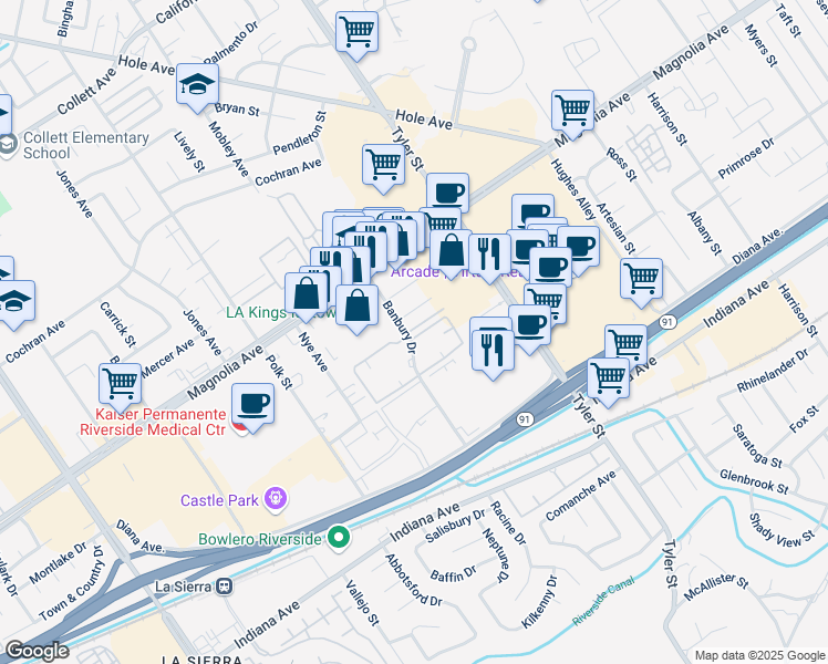 map of restaurants, bars, coffee shops, grocery stores, and more near 3675 Banbury Drive in Riverside