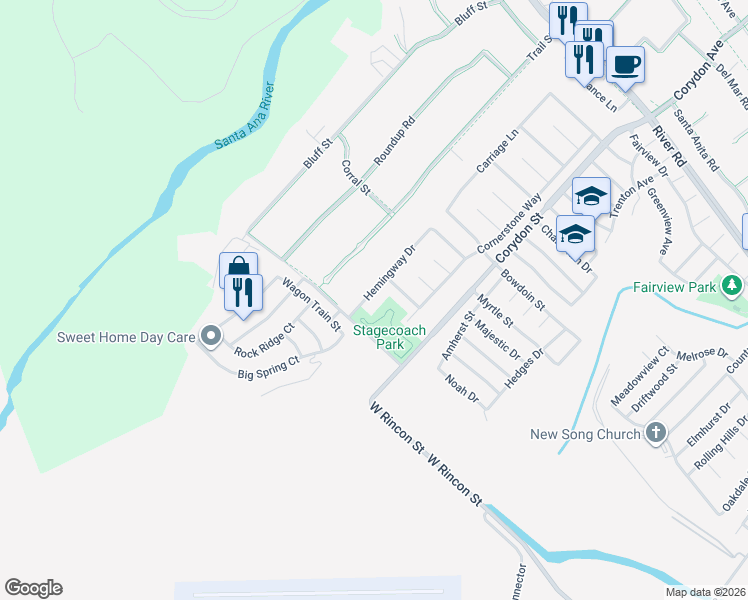 map of restaurants, bars, coffee shops, grocery stores, and more near 2125 Stagecoach Road in Corona