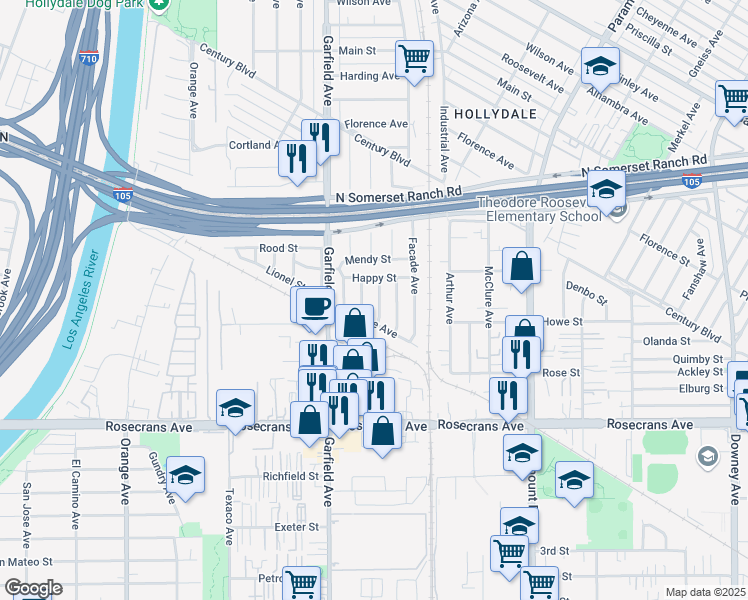 map of restaurants, bars, coffee shops, grocery stores, and more near 13927 Brightwell Avenue in Paramount
