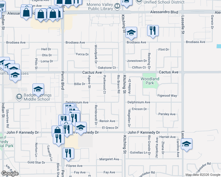 map of restaurants, bars, coffee shops, grocery stores, and more near 25412 Clovelly Court in Moreno Valley