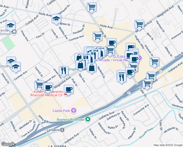 map of restaurants, bars, coffee shops, grocery stores, and more near 10540 Magnolia Avenue in Riverside