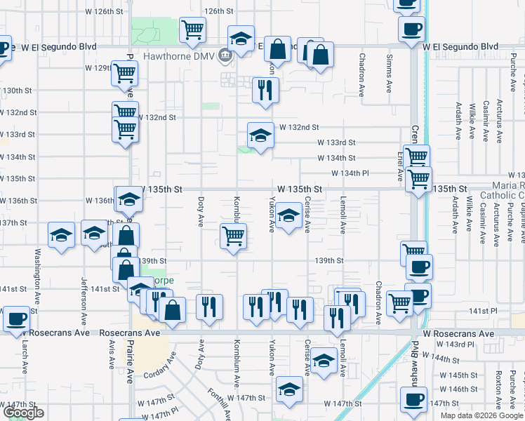 map of restaurants, bars, coffee shops, grocery stores, and more near 13616 Kornblum Avenue in Hawthorne