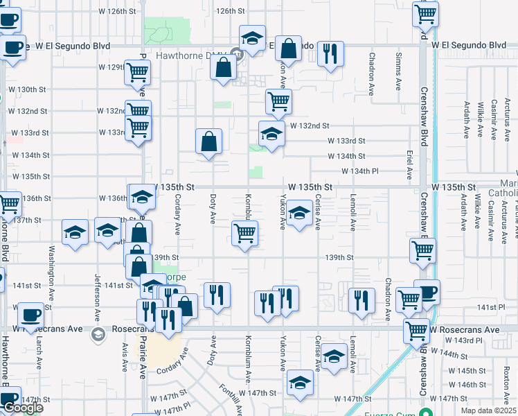 map of restaurants, bars, coffee shops, grocery stores, and more near 13616 Kornblum Avenue in Hawthorne