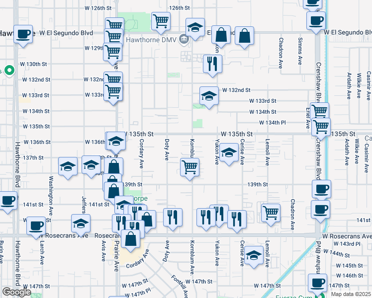 map of restaurants, bars, coffee shops, grocery stores, and more near 13617 Kornblum Avenue in Hawthorne