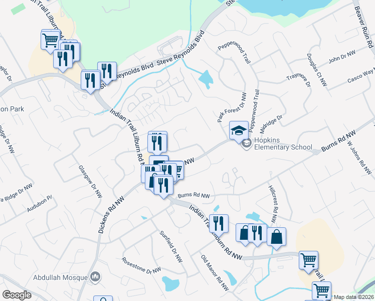 map of restaurants, bars, coffee shops, grocery stores, and more near 1253 Indian Way Northwest in Lilburn