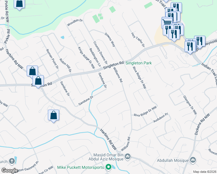 map of restaurants, bars, coffee shops, grocery stores, and more near 1213 Sandune Drive in Norcross