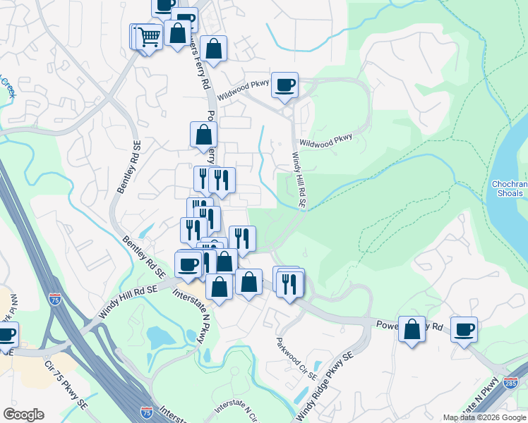 map of restaurants, bars, coffee shops, grocery stores, and more near 3128 Sugarberry Lane in Atlanta
