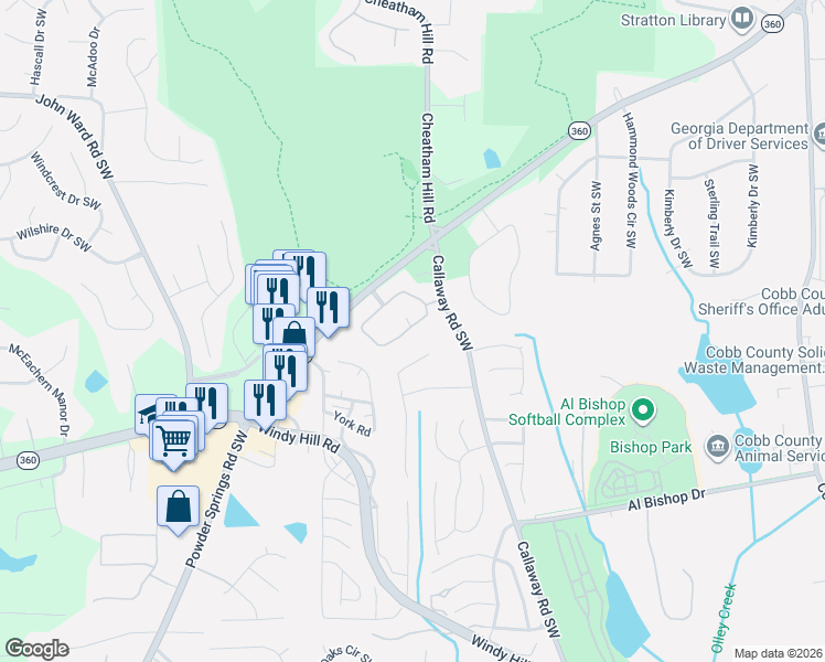 map of restaurants, bars, coffee shops, grocery stores, and more near 2030 Kolb Ridge Court Southwest in Marietta