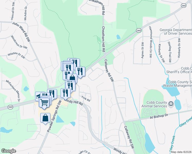map of restaurants, bars, coffee shops, grocery stores, and more near 1850 Kolb Farm Circle Southwest in Marietta