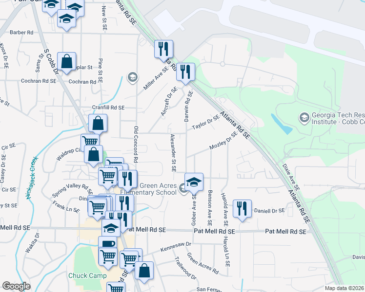 map of restaurants, bars, coffee shops, grocery stores, and more near 1838 Hawkins St SE in Smyrna