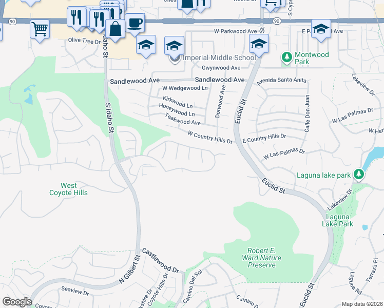 map of restaurants, bars, coffee shops, grocery stores, and more near 581 West Saint Andrews Avenue in La Habra