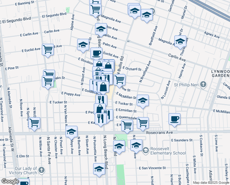 map of restaurants, bars, coffee shops, grocery stores, and more near 1913 East McMillan Street in Compton