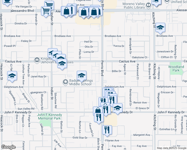 map of restaurants, bars, coffee shops, grocery stores, and more near 24913 Lear Lane in Moreno Valley