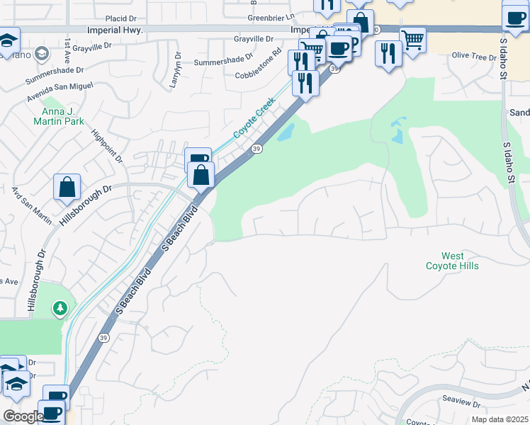 map of restaurants, bars, coffee shops, grocery stores, and more near 1921 South Mangrum Court in La Habra