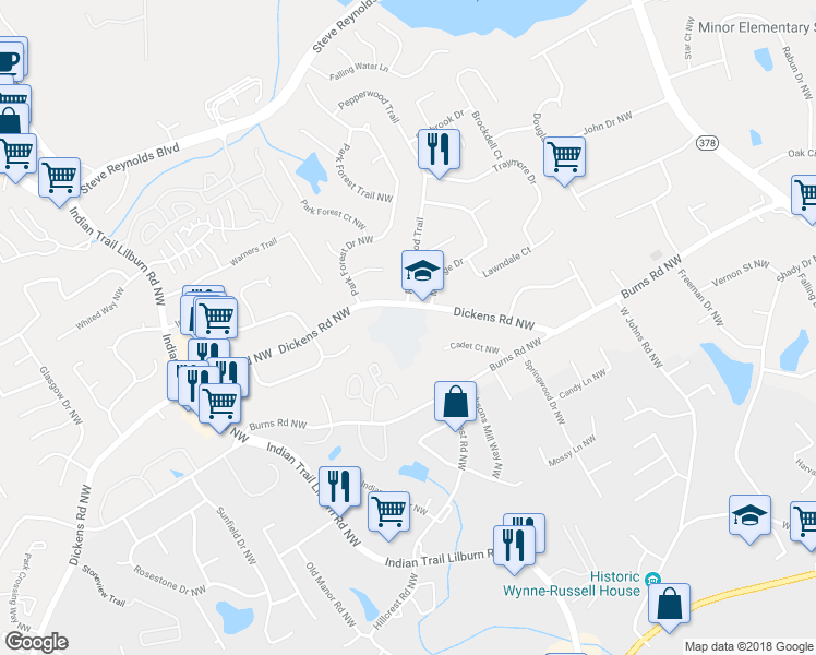 map of restaurants, bars, coffee shops, grocery stores, and more near 1315 Dickens Road Northwest in Lilburn