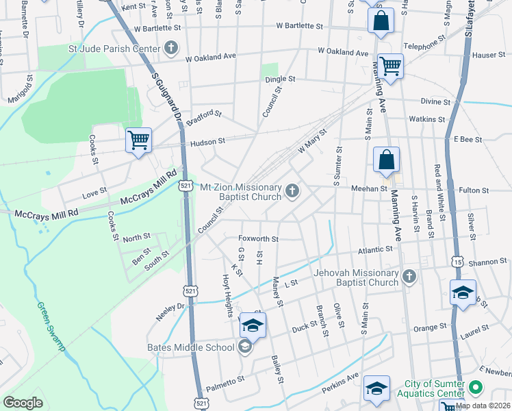 map of restaurants, bars, coffee shops, grocery stores, and more near 229 West Williams Street in Sumter