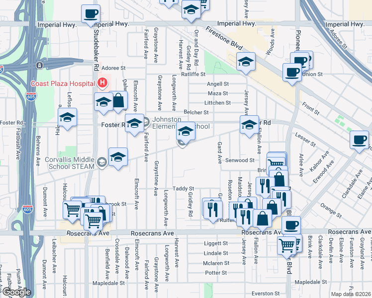 map of restaurants, bars, coffee shops, grocery stores, and more near 11356 Leffingwell Road in Norwalk