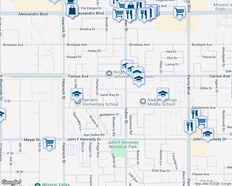 map of restaurants, bars, coffee shops, grocery stores, and more near 24430 Janet Kay Drive in Moreno Valley
