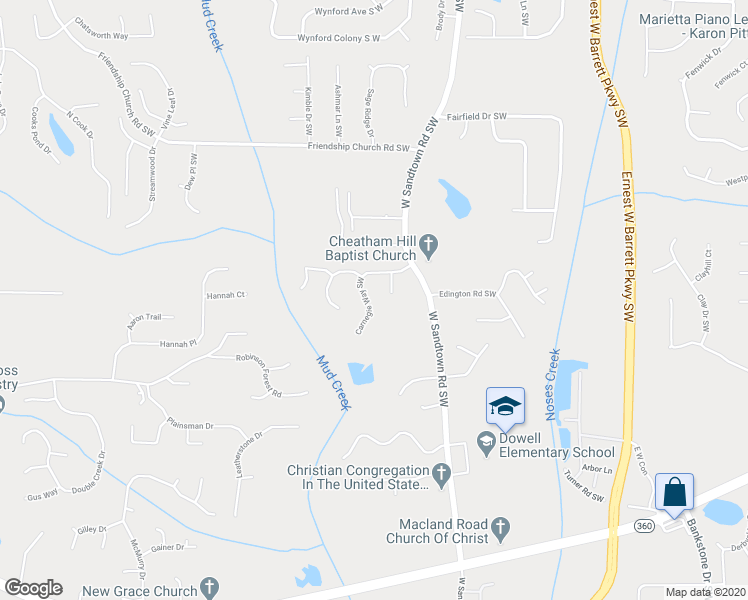 map of restaurants, bars, coffee shops, grocery stores, and more near 2867 Carnegie Way Southwest in Marietta