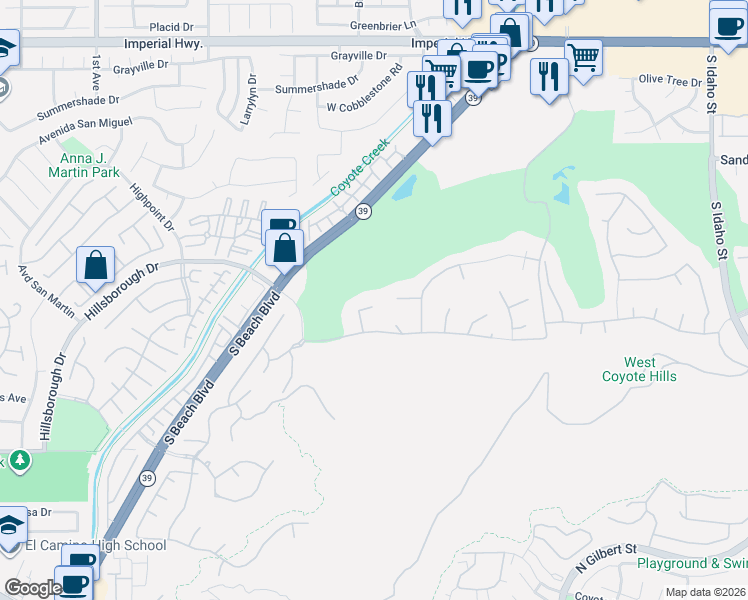 map of restaurants, bars, coffee shops, grocery stores, and more near 1921 South Mangrum Court in La Habra
