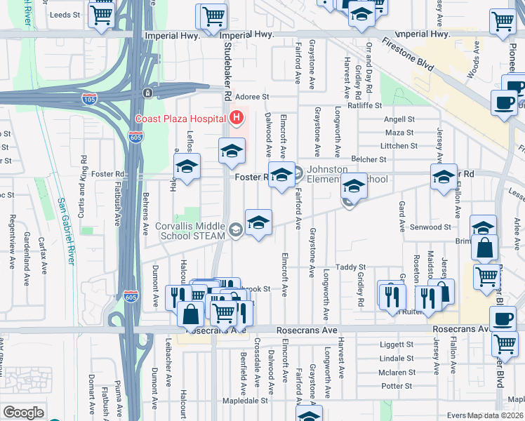 map of restaurants, bars, coffee shops, grocery stores, and more near 13533 Dalwood Avenue in Norwalk
