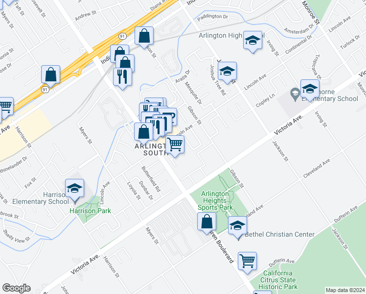 map of restaurants, bars, coffee shops, grocery stores, and more near 2855 Calle Sausalito in Riverside