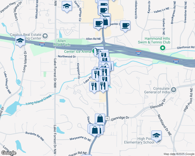 map of restaurants, bars, coffee shops, grocery stores, and more near 5630 Roswell Road Northeast in Sandy Springs