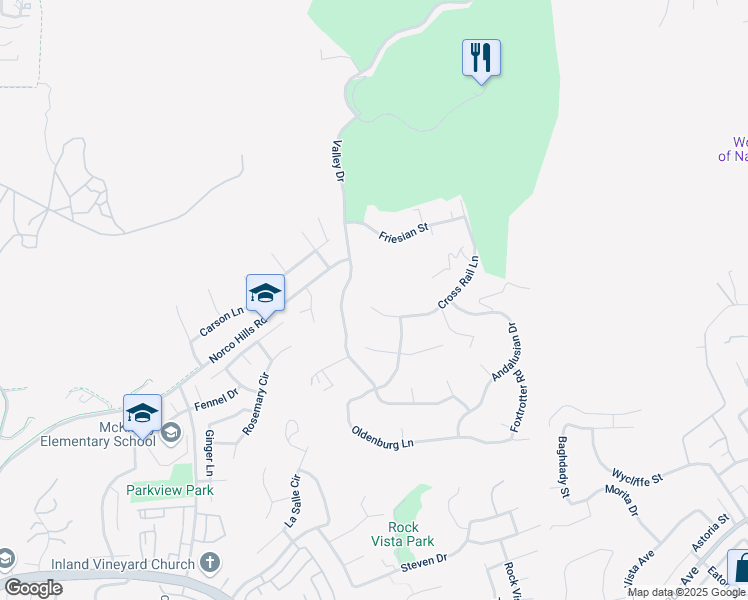 map of restaurants, bars, coffee shops, grocery stores, and more near 279 Cross Rail Lane in Norco