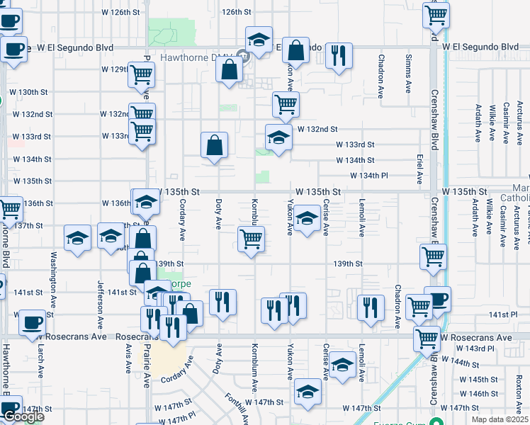 map of restaurants, bars, coffee shops, grocery stores, and more near 13532 Kornblum Avenue in Hawthorne