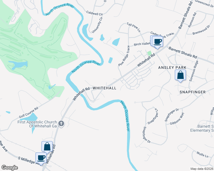 map of restaurants, bars, coffee shops, grocery stores, and more near 117 White Circle in Athens