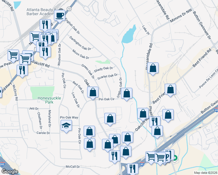 map of restaurants, bars, coffee shops, grocery stores, and more near Spanish Oak Drive in Doraville