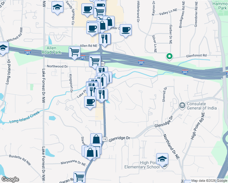 map of restaurants, bars, coffee shops, grocery stores, and more near 5555 Roswell Road in Sandy Springs