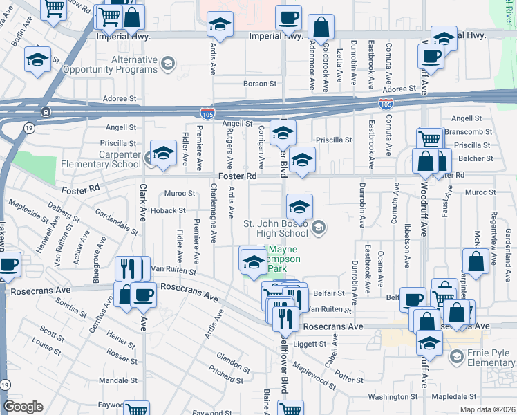 map of restaurants, bars, coffee shops, grocery stores, and more near 9600 Hoback Street in Bellflower