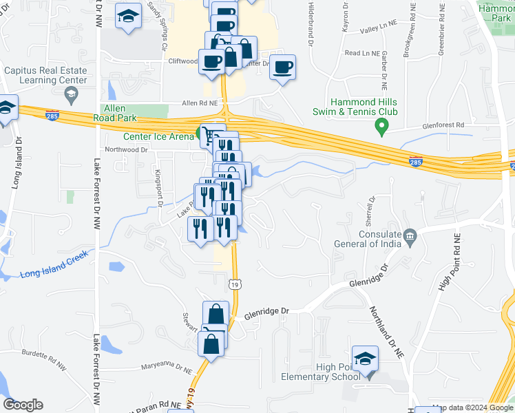 map of restaurants, bars, coffee shops, grocery stores, and more near 5555 Roswell Road Northeast in Atlanta