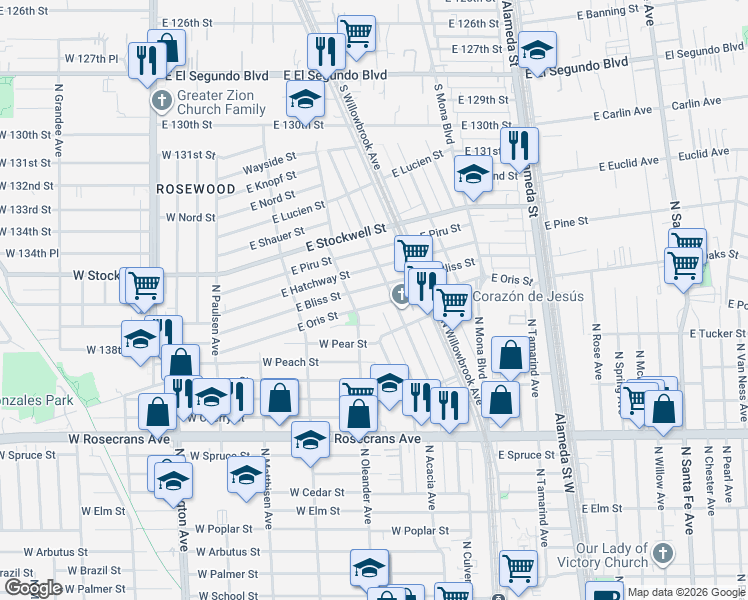 map of restaurants, bars, coffee shops, grocery stores, and more near 2223 East Oris Street in Compton