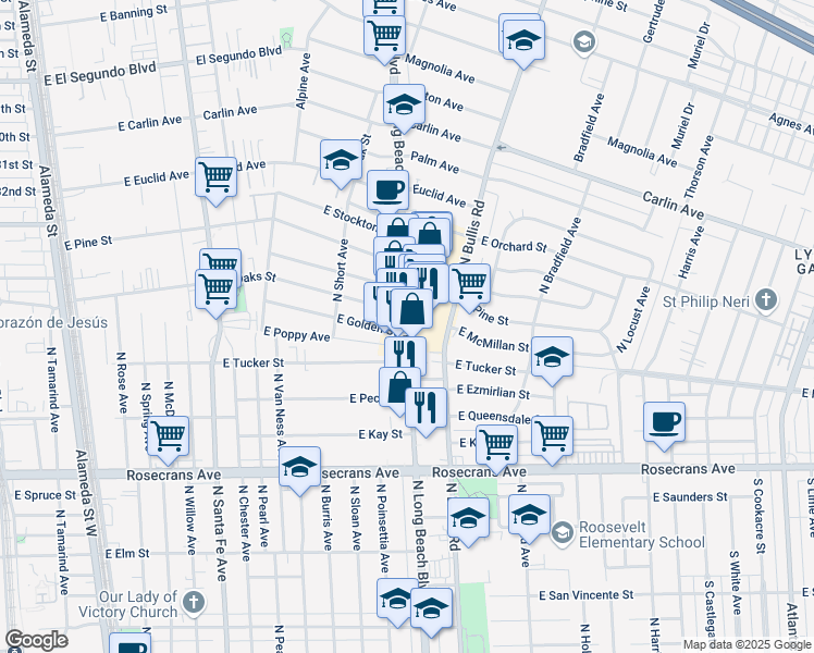 map of restaurants, bars, coffee shops, grocery stores, and more near 1725 North Long Beach Boulevard in Compton