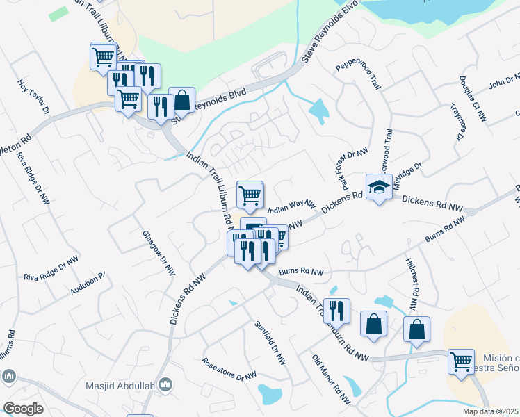 map of restaurants, bars, coffee shops, grocery stores, and more near 1195 Indian Way Northwest in Lilburn