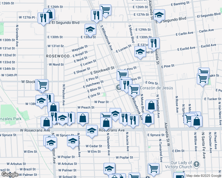 map of restaurants, bars, coffee shops, grocery stores, and more near 2223 East Oris Street in Compton
