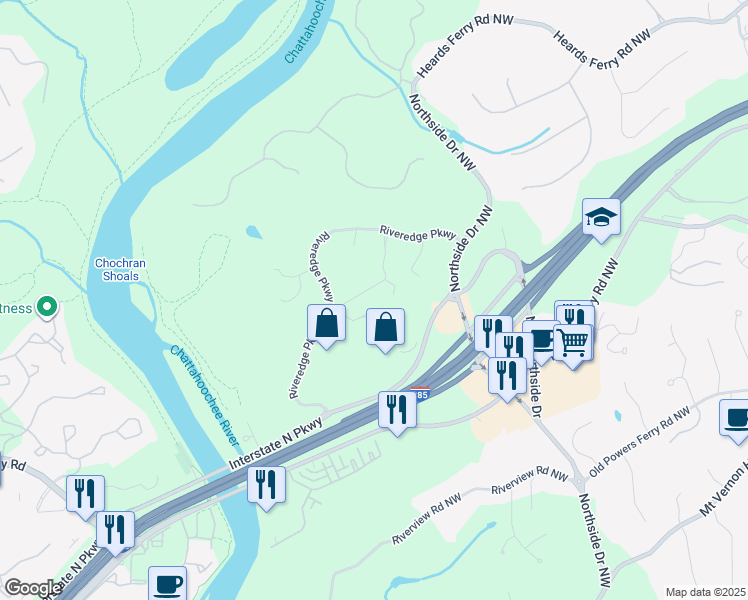 map of restaurants, bars, coffee shops, grocery stores, and more near 1500 Riveredge Parkway in Atlanta