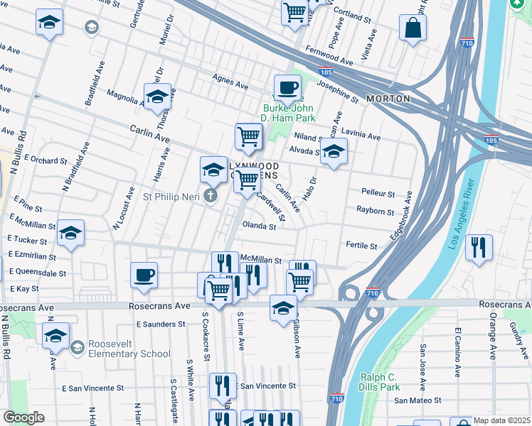 map of restaurants, bars, coffee shops, grocery stores, and more near 4535 Blount Place in Lynwood
