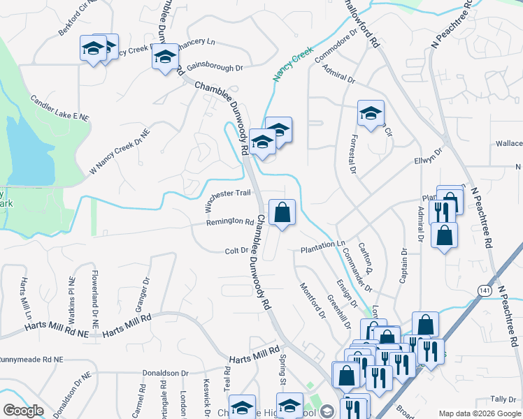 map of restaurants, bars, coffee shops, grocery stores, and more near 4006 Chamblee Dunwoody Road in Atlanta