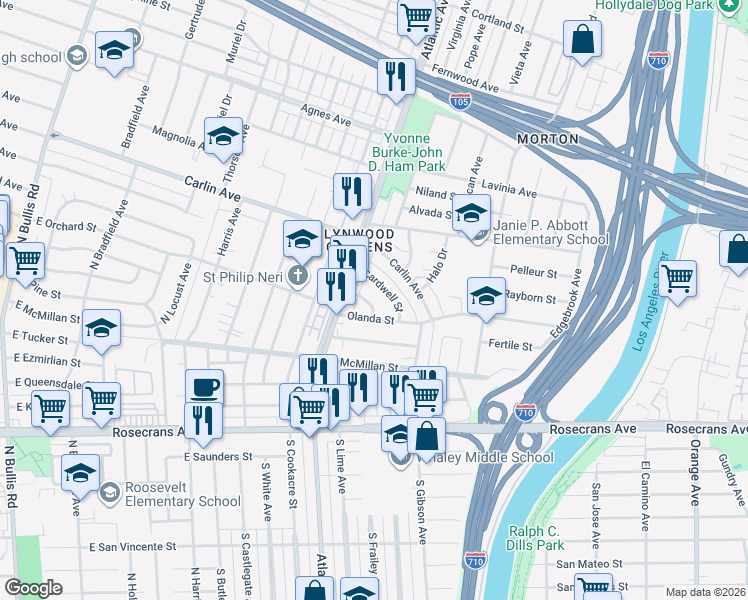 map of restaurants, bars, coffee shops, grocery stores, and more near 4535 Blount Place in Lynwood