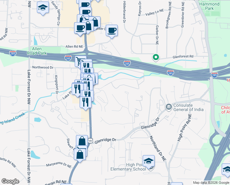 map of restaurants, bars, coffee shops, grocery stores, and more near 5583 Benton Woods Drive Northeast in Atlanta