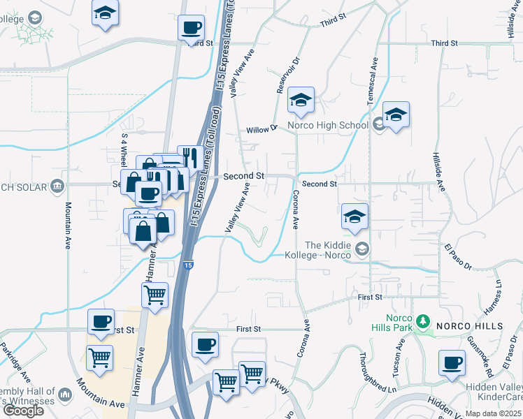 map of restaurants, bars, coffee shops, grocery stores, and more near 1465 Hilltop Lane in Norco