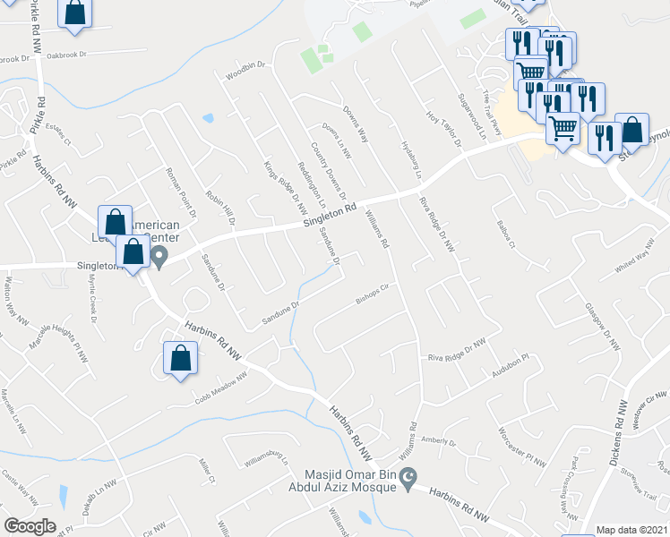 map of restaurants, bars, coffee shops, grocery stores, and more near 1234 Sandune Drive in Norcross