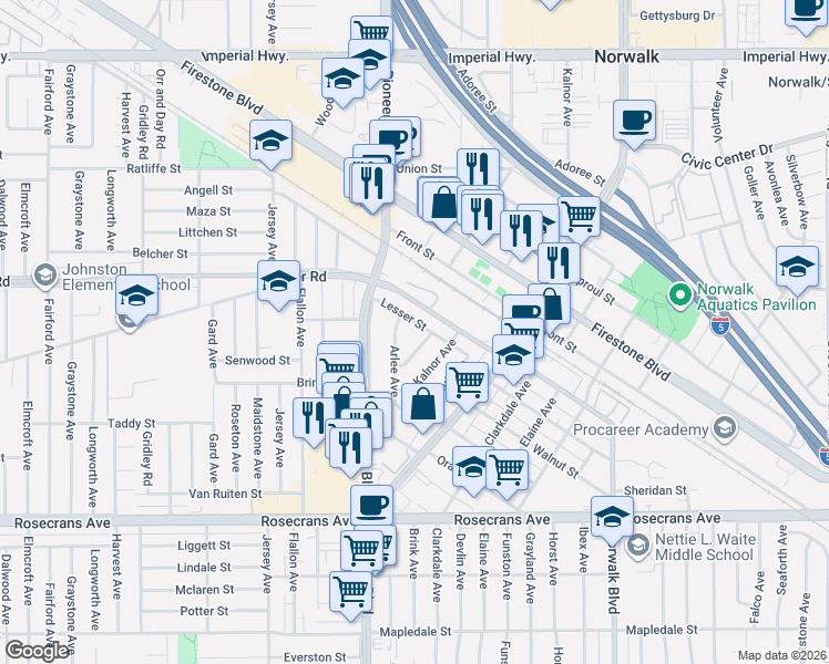 map of restaurants, bars, coffee shops, grocery stores, and more near 13639 Kalnor Avenue in Norwalk