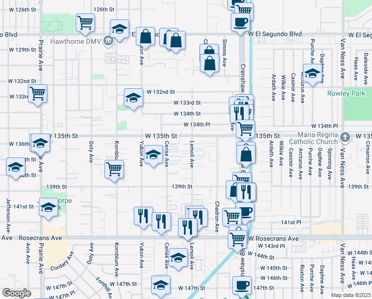 map of restaurants, bars, coffee shops, grocery stores, and more near 13622 1/2 Cerise Avenue in Hawthorne