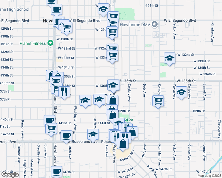 map of restaurants, bars, coffee shops, grocery stores, and more near 13663 Prairie Avenue in Hawthorne
