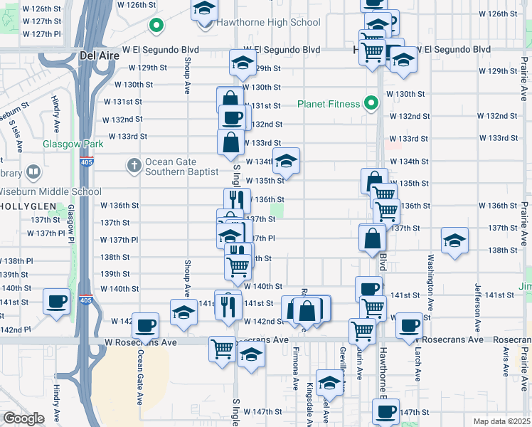 map of restaurants, bars, coffee shops, grocery stores, and more near 4684 137th Street in Hawthorne
