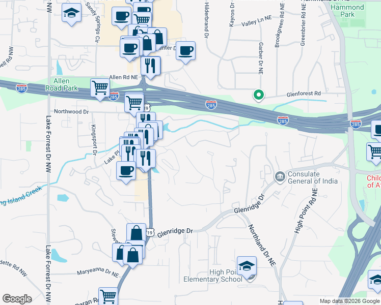 map of restaurants, bars, coffee shops, grocery stores, and more near 5583 Benton Woods Drive Northeast in Atlanta